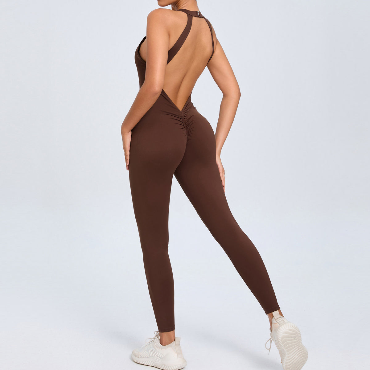 Womens Back-Clasp Yoga Bodysuit With Peach-Hip Design And Open Back