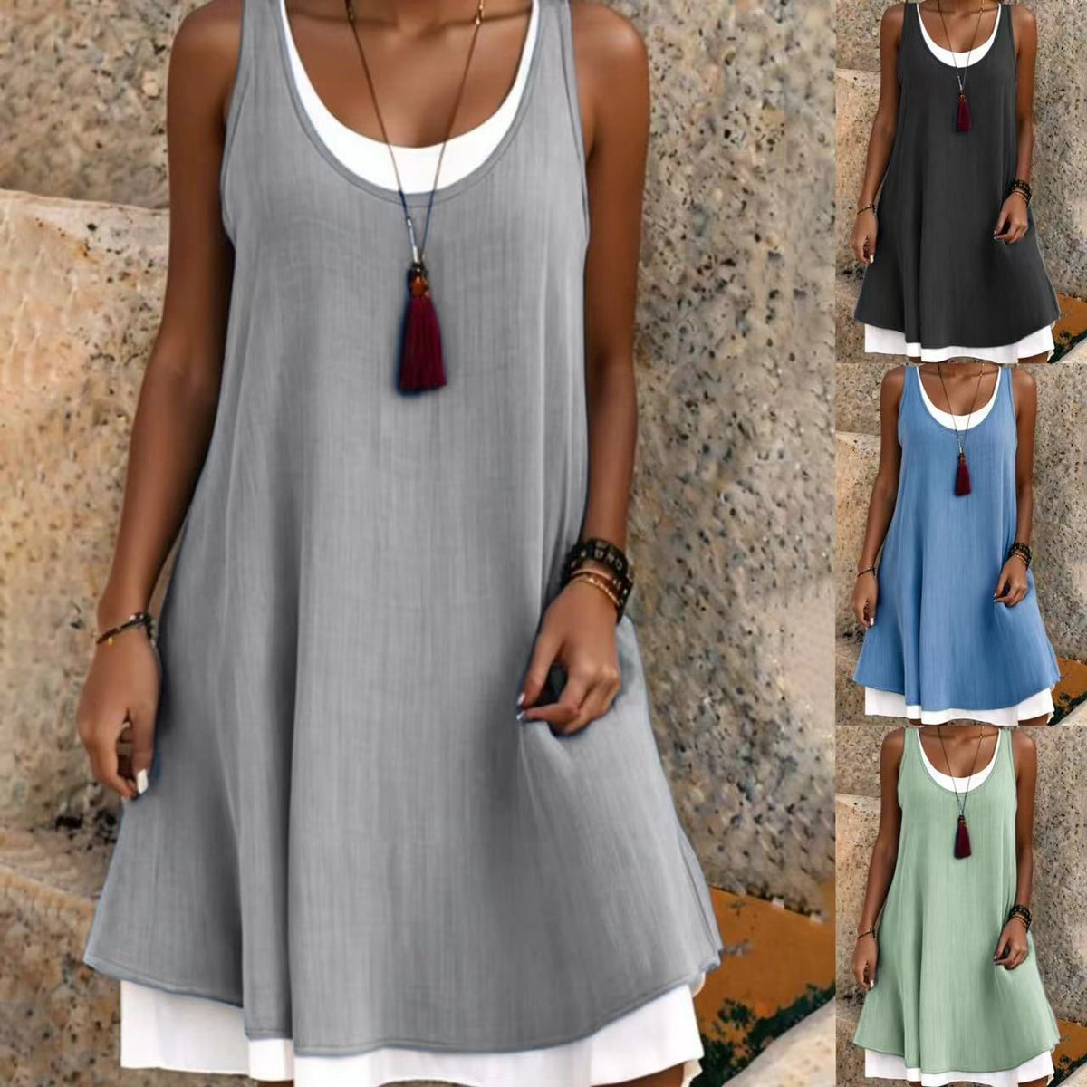 Casual Sleeveless Fake Two-Piece A-Line Tank Dress