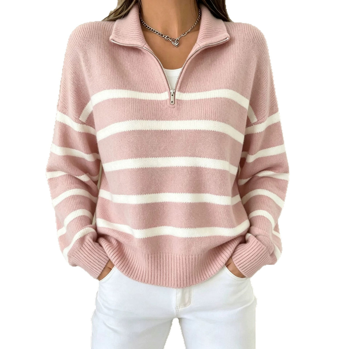 Womens Color-block Sweater with a Half-chain-link Pattern