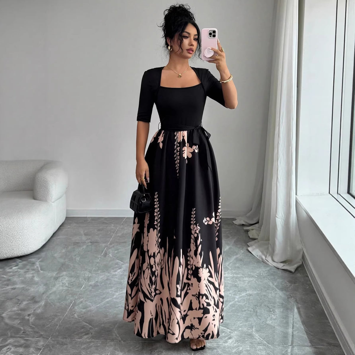 Elegant A-line Dress with a Floral Print