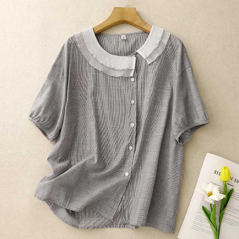 Woven Striped Fabric Ruffled Doll Collar Shirt