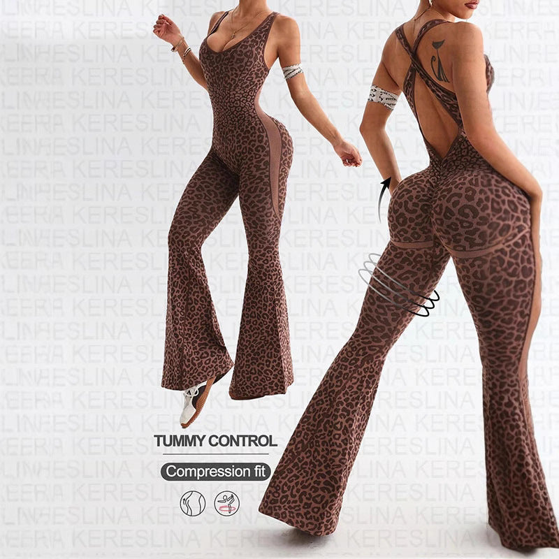 Leopard Print V-Neck Backless Slim Fit Halter Jumpsuit