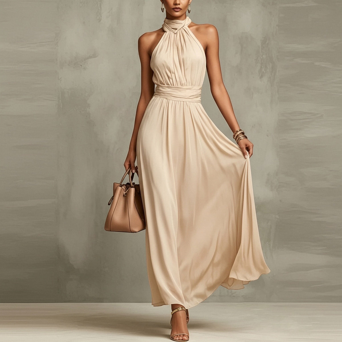 Elegant Summer Halter Neck Sleeveless Printed Long Dress