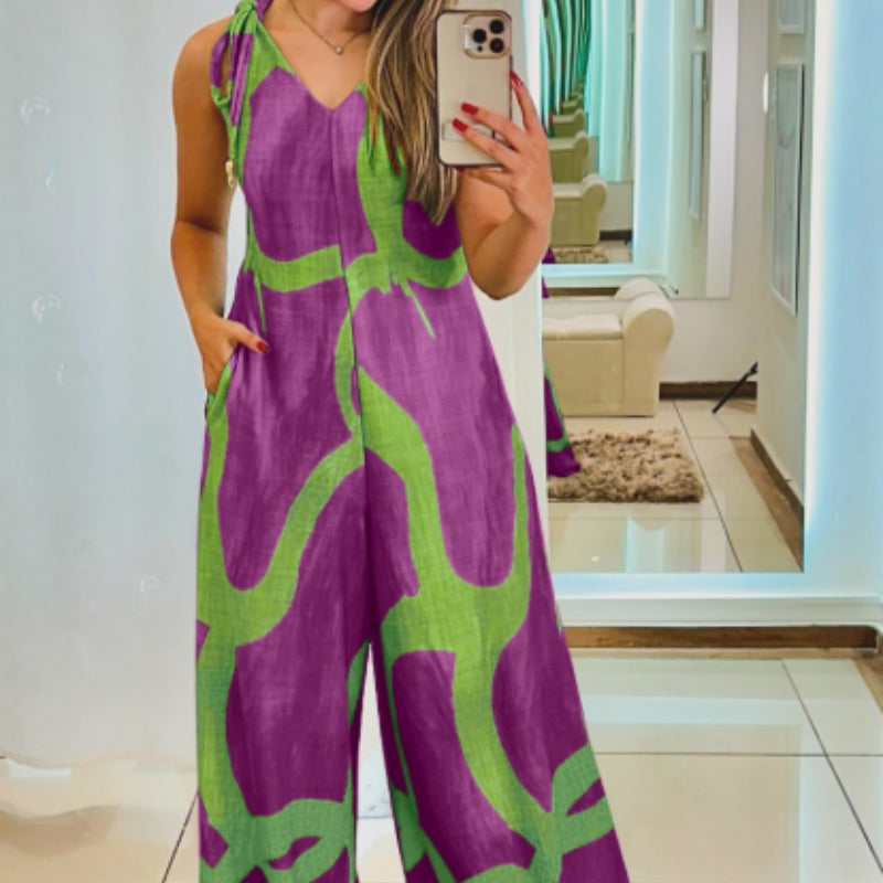 Boho Printed V-Neck Wide-Leg Romper with Pockets