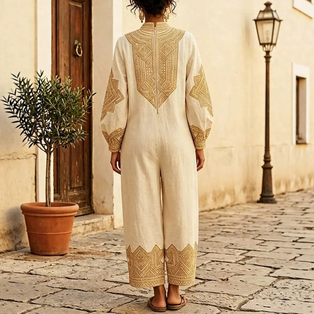 Chic Printed V-Neck Long-Sleeve Casual Jumpsuit