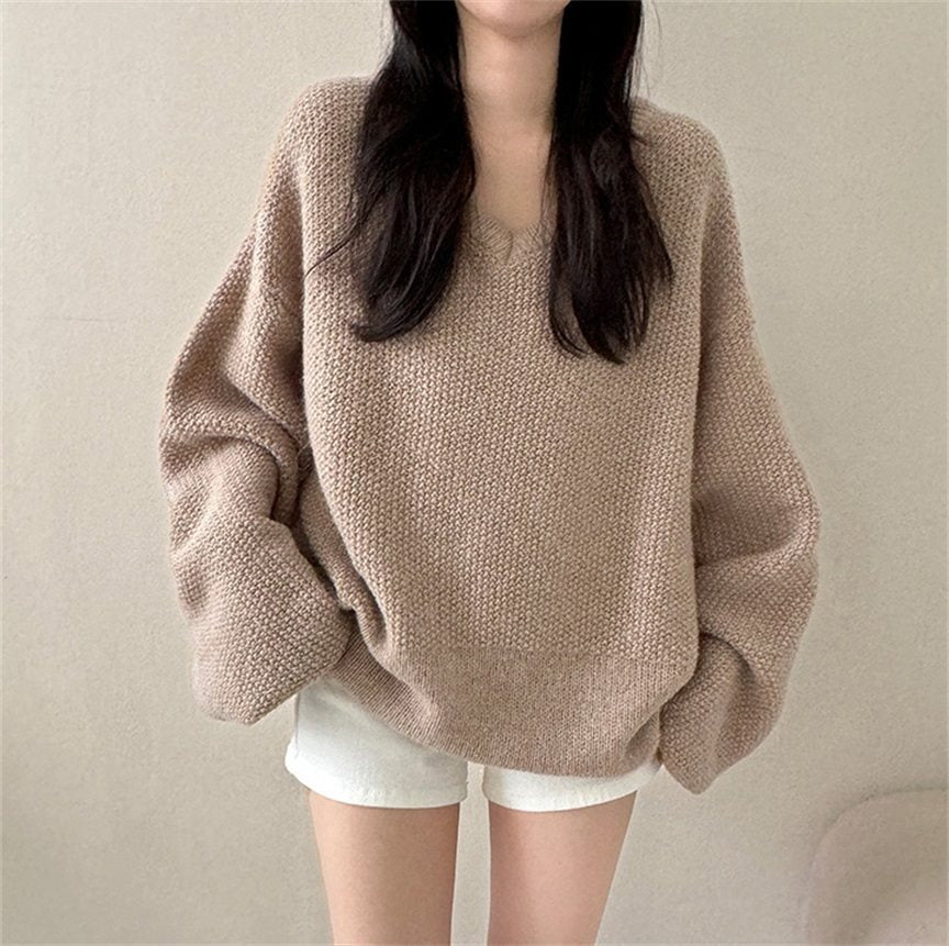 Autumn and Winter Thick V-neck Sweater Loose Mid-length Sweater