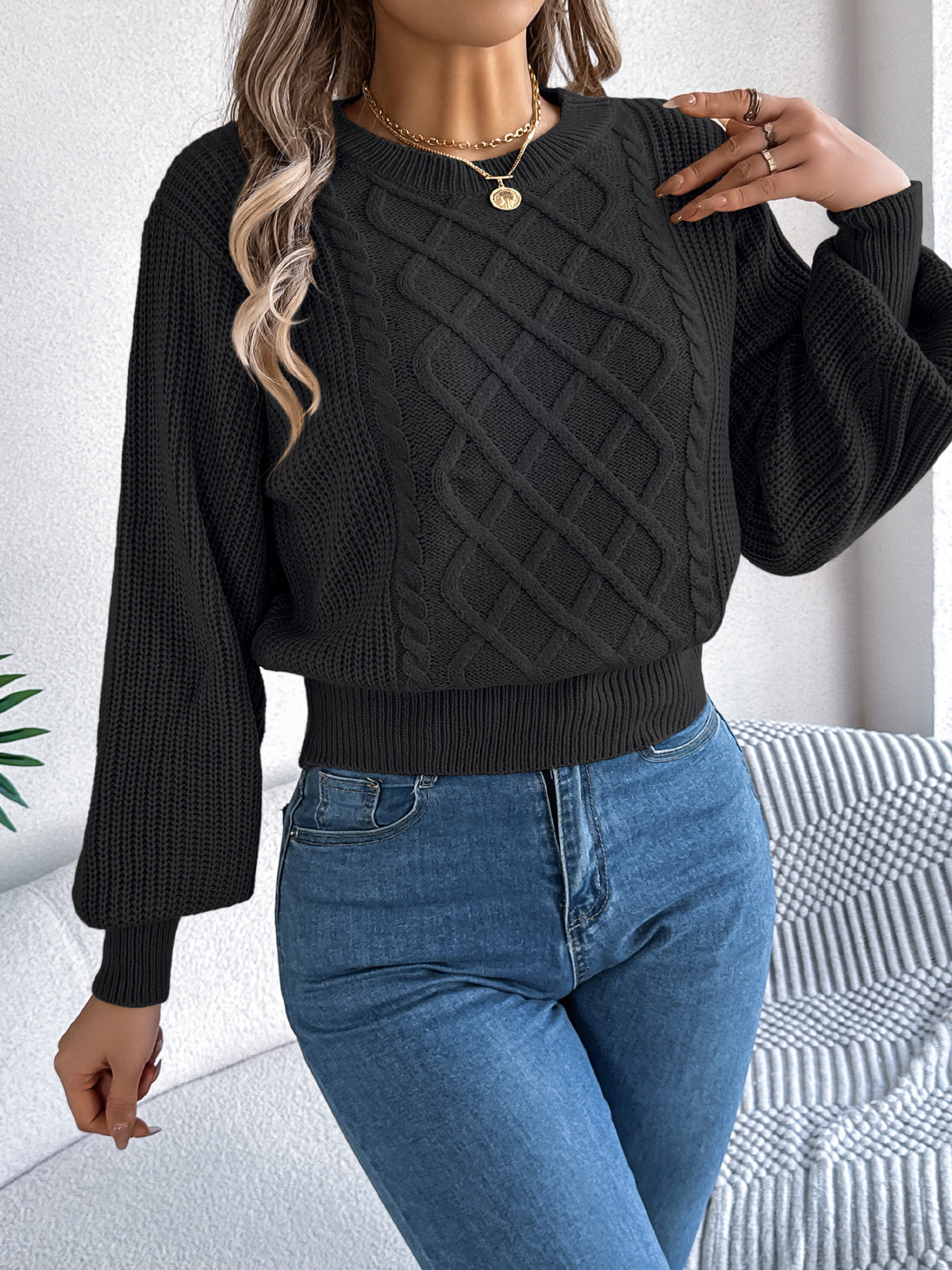 Solid Color Cable Knit Lantern Sleeve Cinched Pullover Sweater