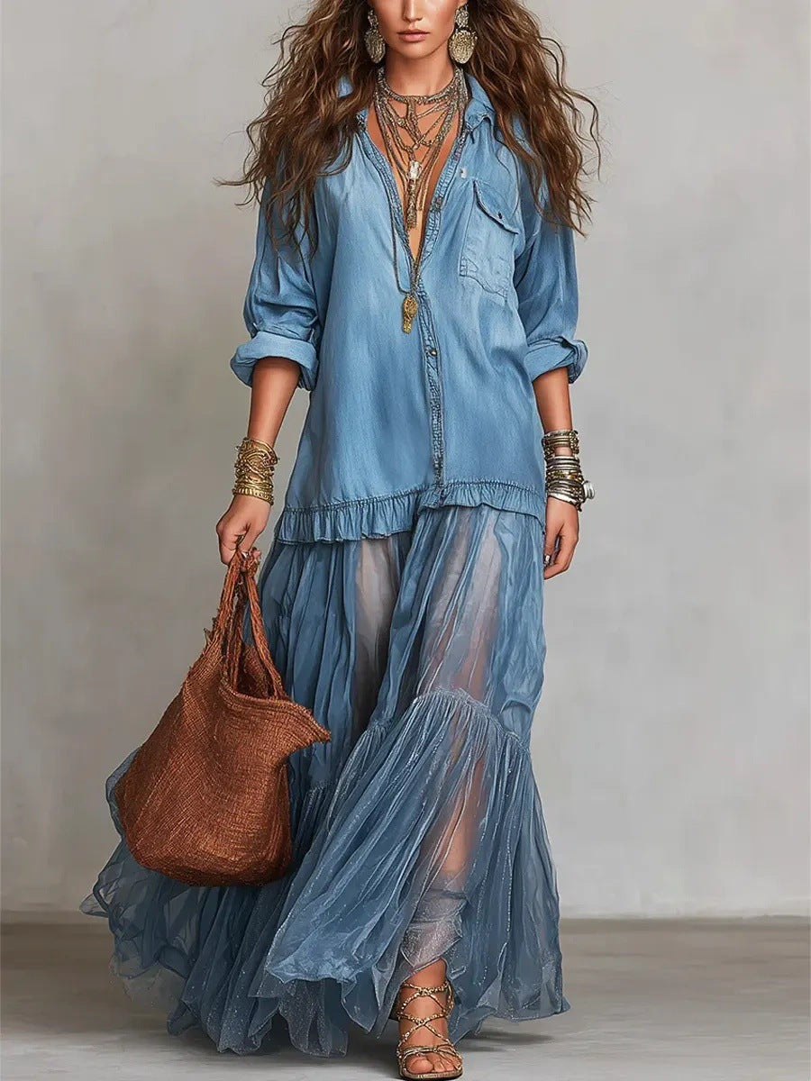 Retro Collar Long Dress with Casual Pockets