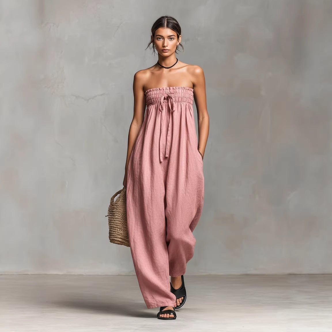 Women's Strapless Ruched Jumpsuit Summer Fashion Tie-up Loose Straight-leg Jumpsuit