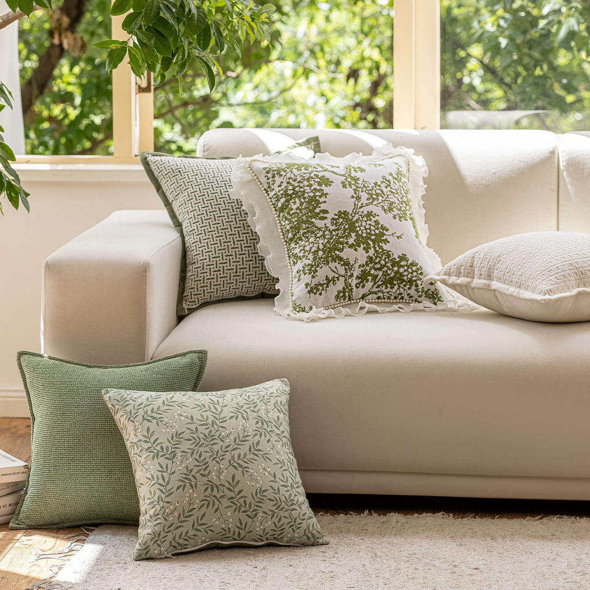 Mori Green Plant Throw Pillow - 45x45cm Knitted Living Room Decor