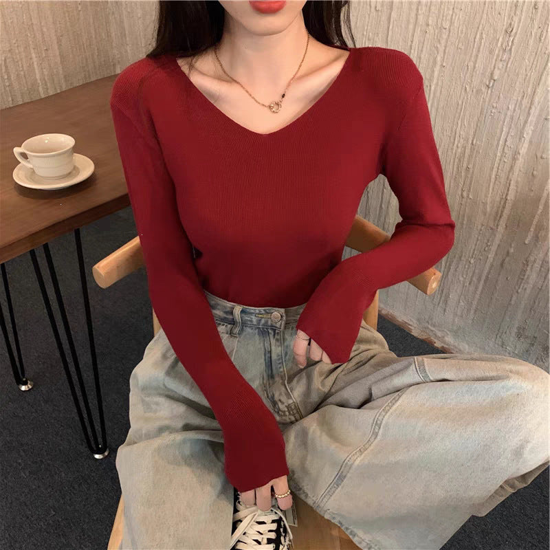 Core-spun Yarn Slim V-neck Long Sleeve Inner Wear Sweater