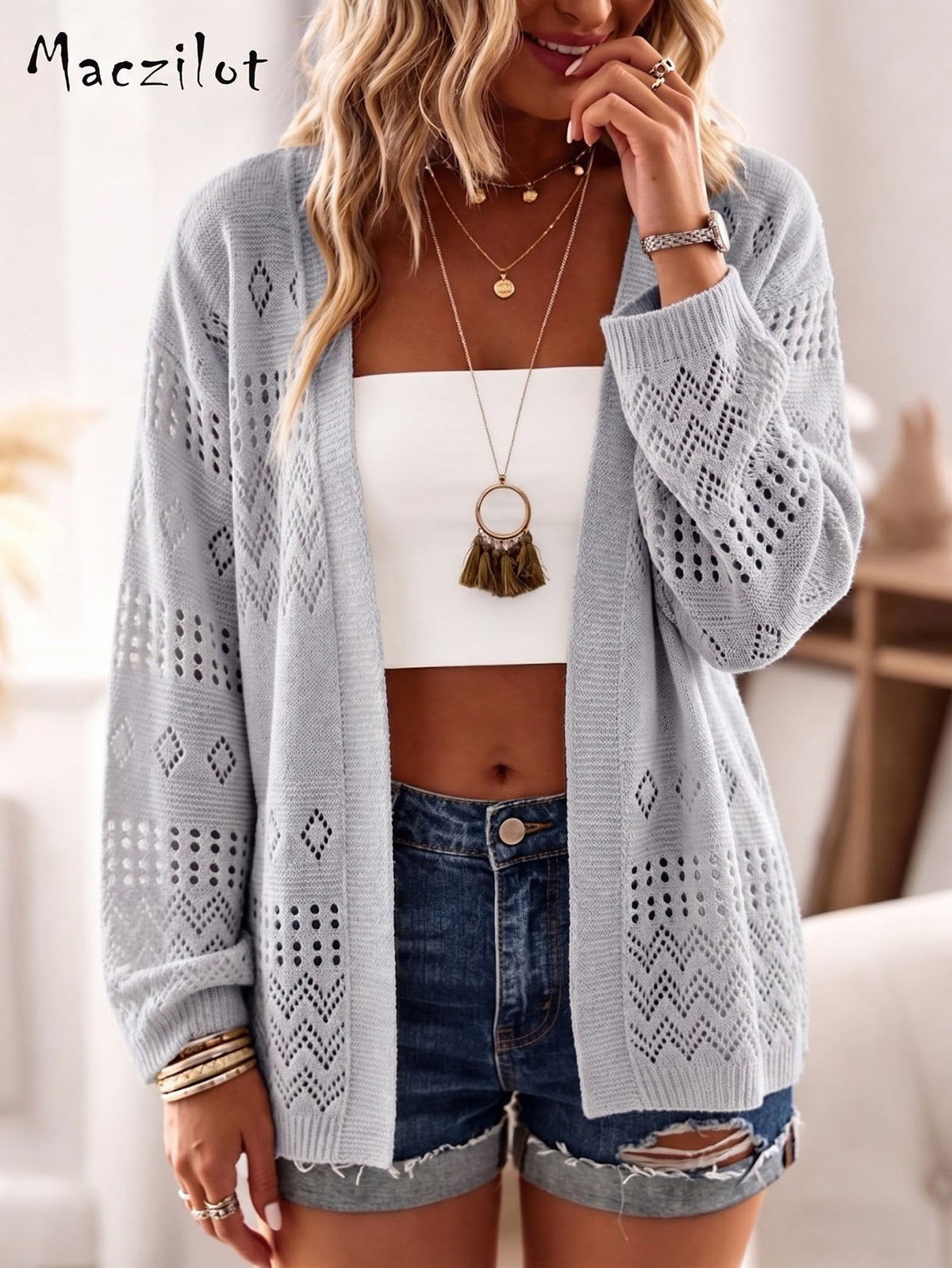Women Boho Hollow Diamond Knit Cardigan Loose Long Sleeve Open Front Beach Cover Up