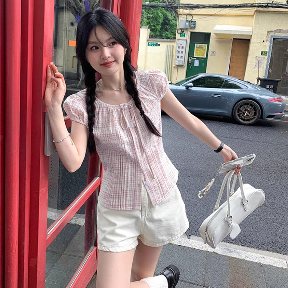 Lace-up Bow Puff Sleeve Retro Plaid Shirt