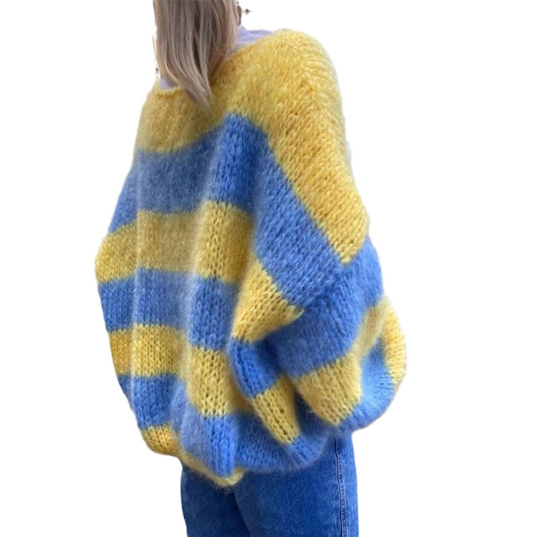 Women's Loose Gradient Stripes Contrast Color Crew Neck Pullover Sweater