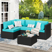 JAMFLY 5pcs Outdoor Patio Sectional Sofa Set PE Rattan Wicker Terrace Furniture with Thick Cushions & Tempered Glass Table for Garden Porch Deck