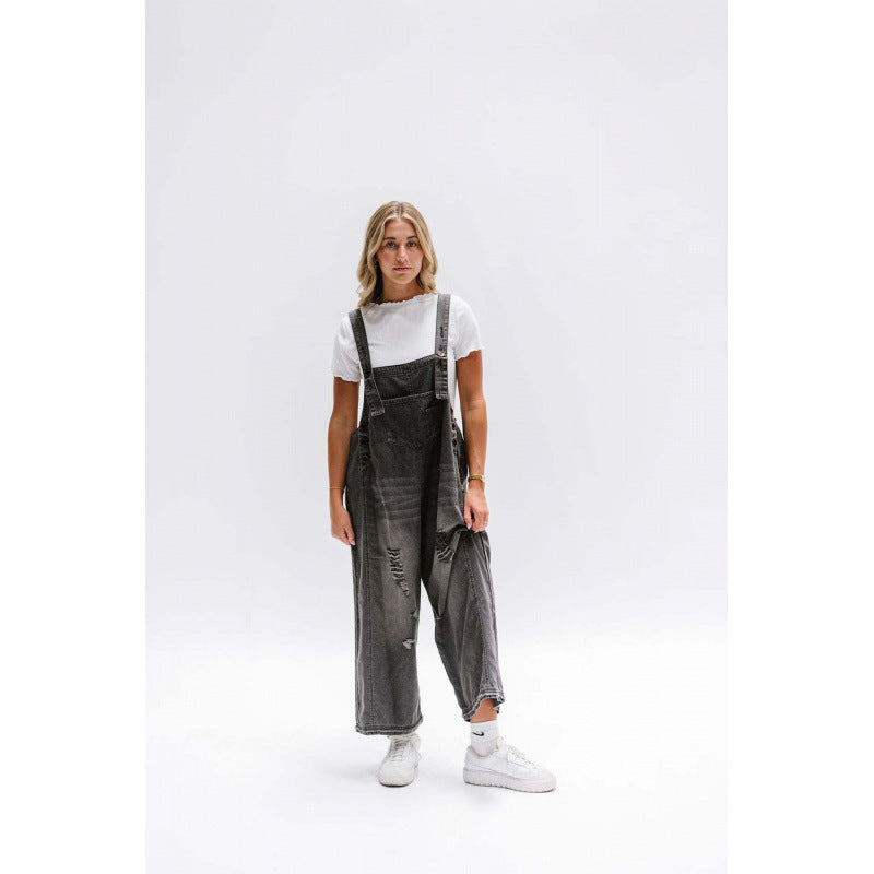 Vintage Distressed Wide-Leg Denim Suspender Pants