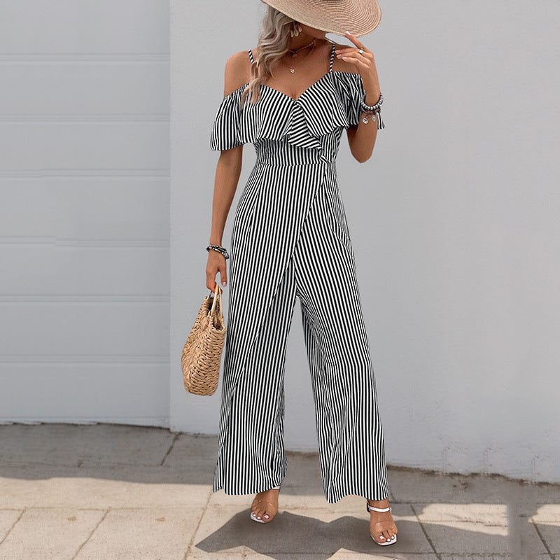 Summer New Striped Strap Wide Leg Jumpsuit For Women