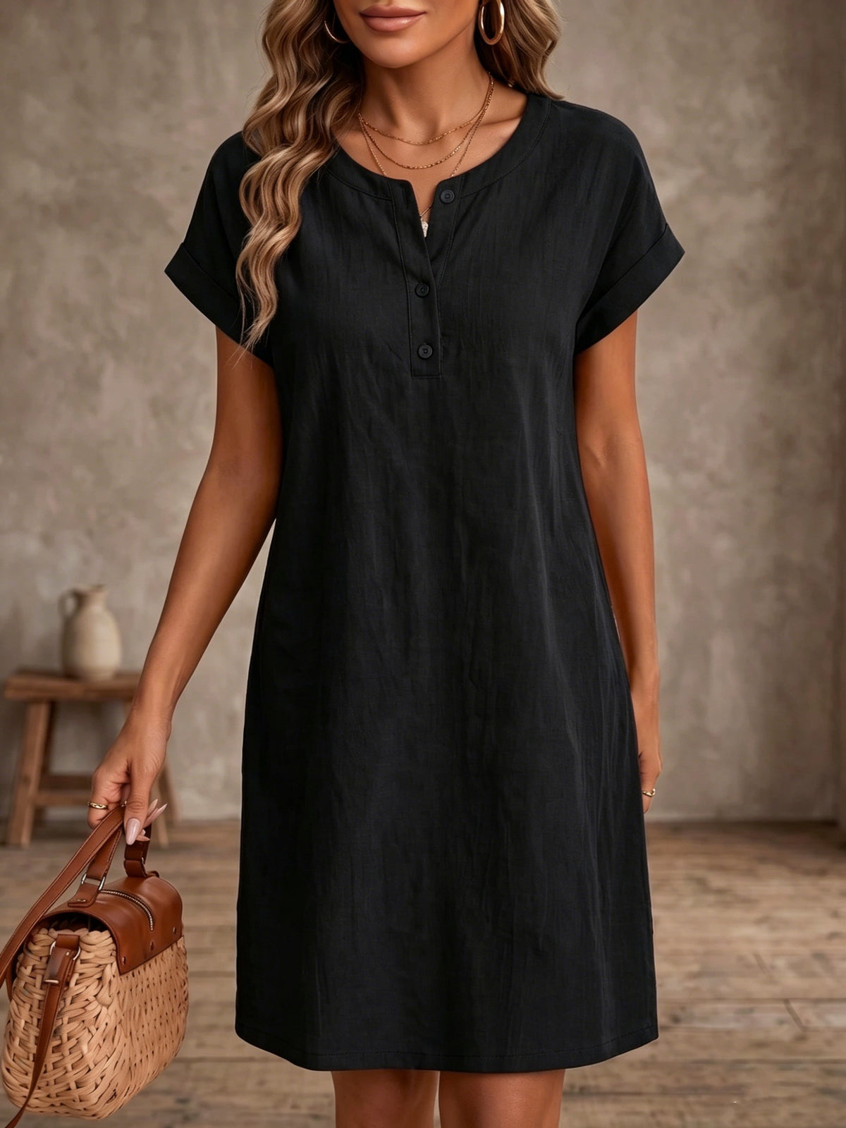 Womens Loose-fitting Round-neck Button-front Short-sleeve Dress
