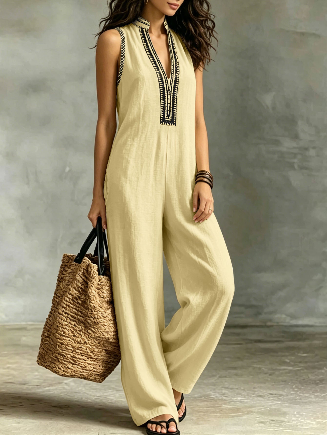 Women's Lace Trim Sleeveless Wide Leg Jumpsuit with Pockets