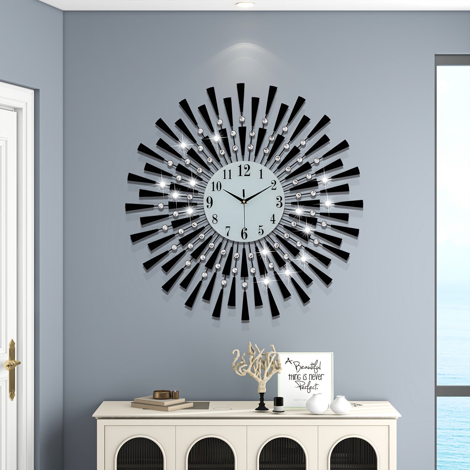 Modern large wall clock suitable for living room decoration, large silent wall clock battery powered, no ticking sound suitable for kitchen, bedroom, home decoration, black metal circular quartz clock suitable for office and indoor use, 28 inches