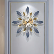 Elegant Blue and Golden Leaf Design Wall Clock, 55cm - Silent, Mechanical Movement, Metal Frame with Auto-Shut-Off Feature, Requires 1 AA Battery (Not Included), Decorative Clock for Home, Office, or Living Room