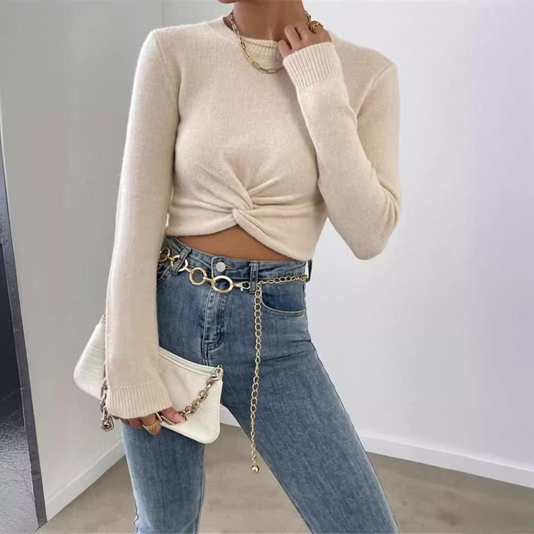 Round Neck Design Cross Knitted Top Sweater for Women