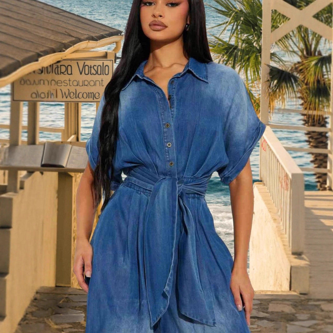 Women's Wide-Leg Denim Jumpsuit with Waist-Cinch