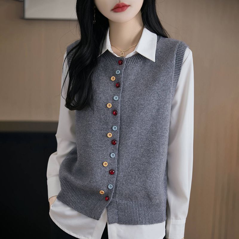 Women's Crew-neck Knitted Cardigan Vest with Colorful Buttons