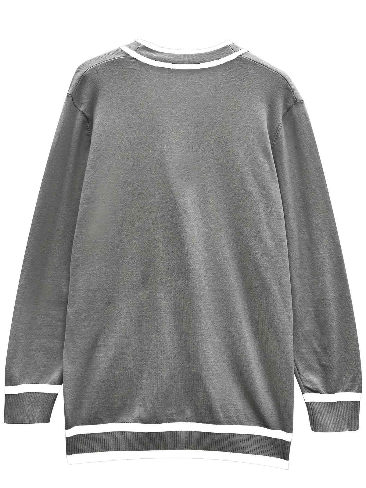 V-neck Striped Trim Knit with Button & Pocket Loose Cardigan