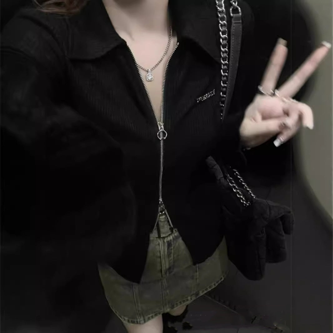 Black Long-sleeve Zipper Cardigan Slim Fit Sun Protection Top