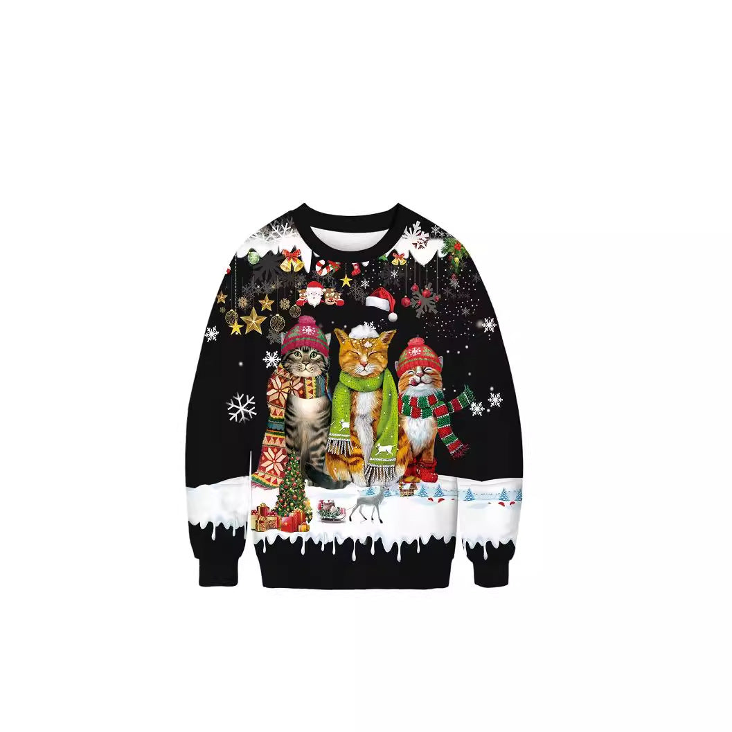Festive Christmas Cat Print Crew Neck Pullover Sweatshirt