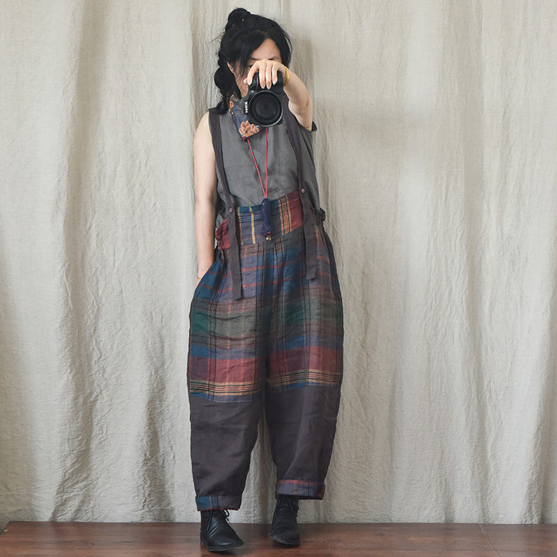 Chic Linen Patchwork Suspender Pants for Women