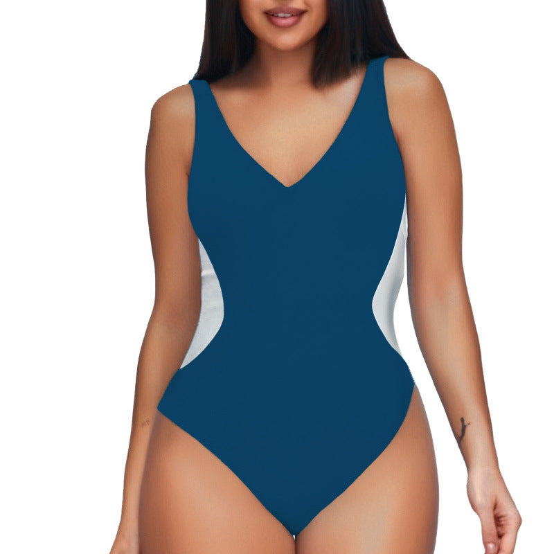 Women's One-piece Deep V Contrast Color Swimsuit