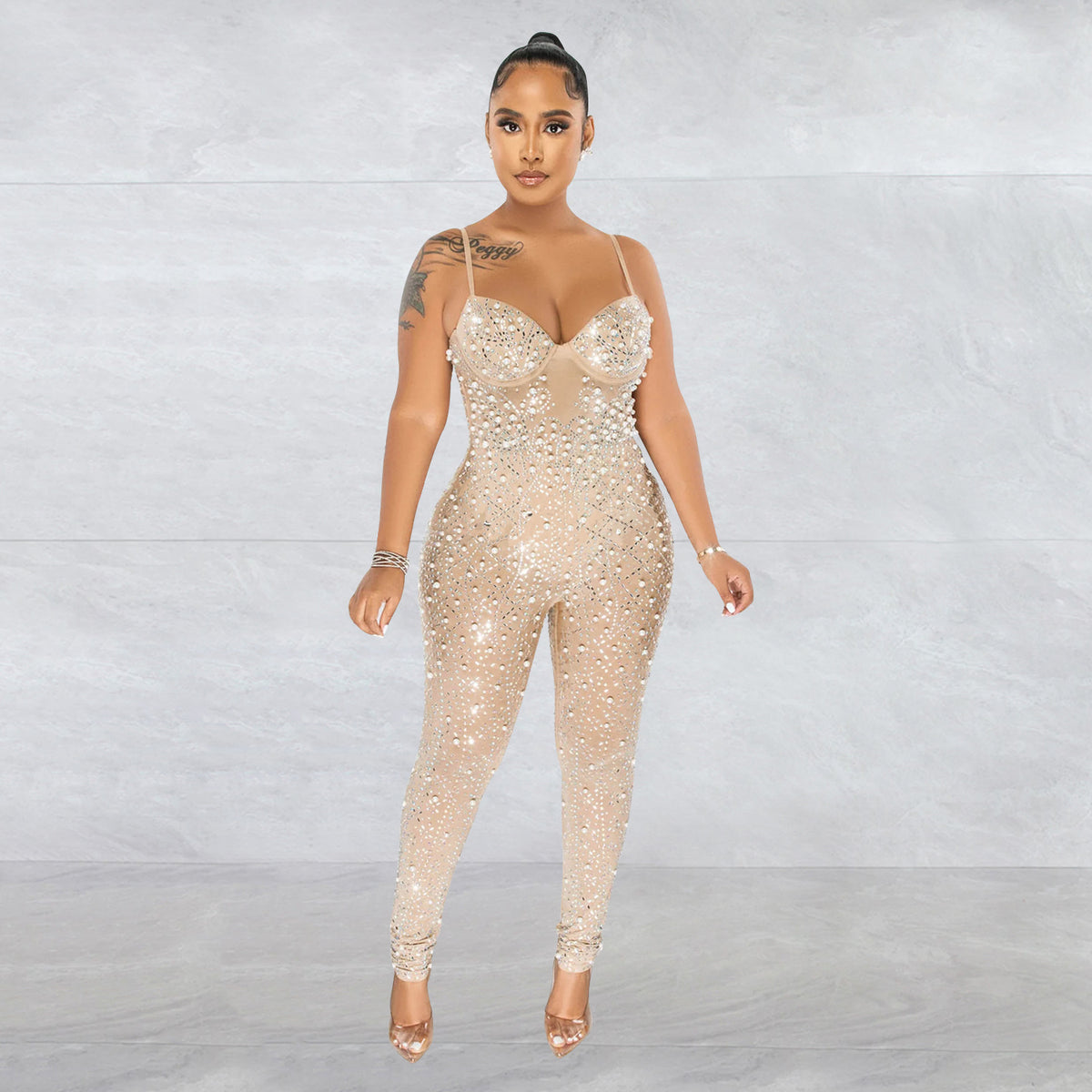 Rhinestone Mesh Sleeveless Jumpsuit