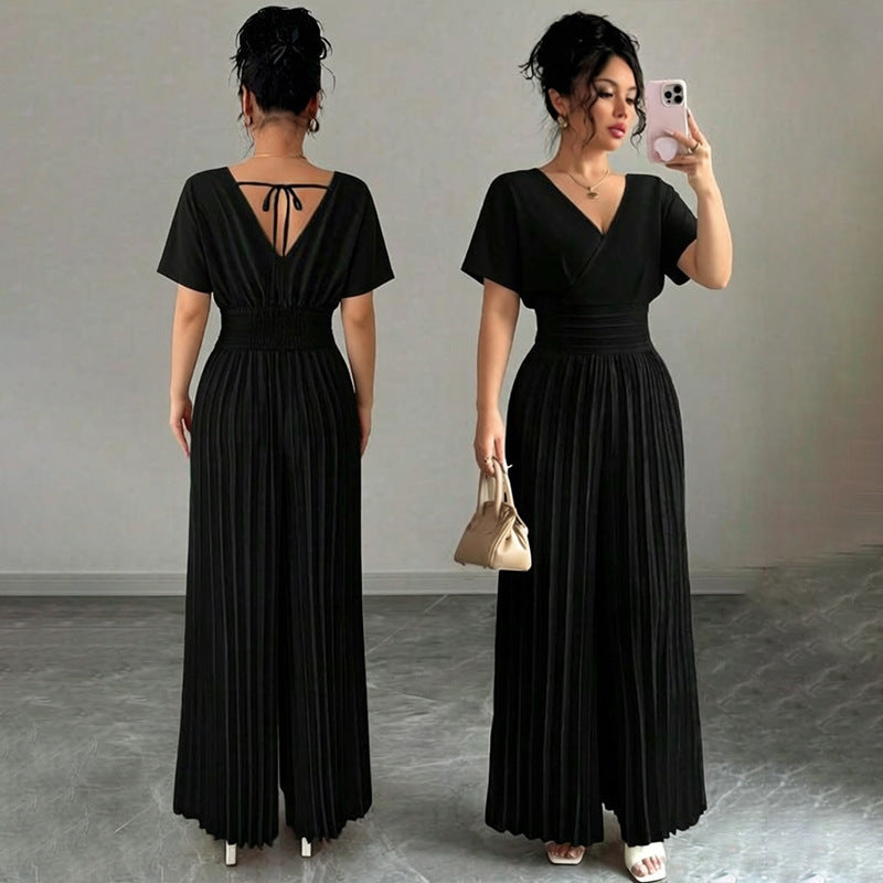 Solid-color Pleated Jumpsuit Pants For Women