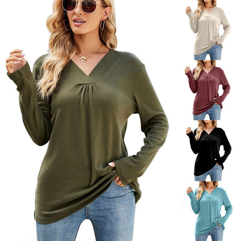 Women's Casual V-Neck Long Sleeve Loose Solid T-Shirt