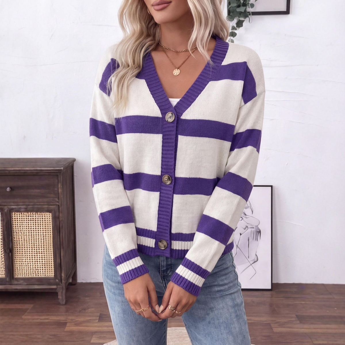 Womens Striped V-neck Knitted Cardigan