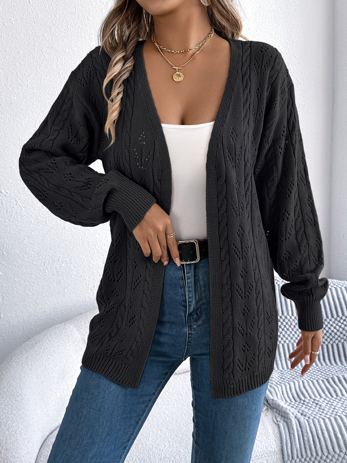 Women Casual Solid Color Hollow Out Long Sleeve Cardigan Sweater Coat
