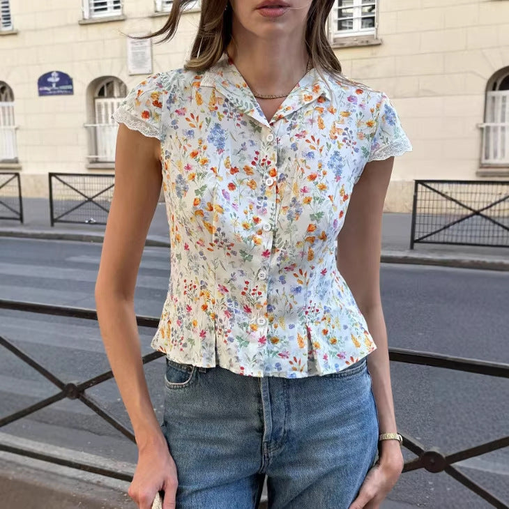 Floral Lace Patchwork V-Neck Shirt – Effortless Summer Chic