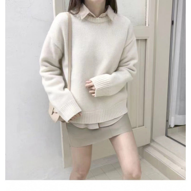 Solid-color Knitted Pullover Sweater for Women Korean Style Autumn Winter