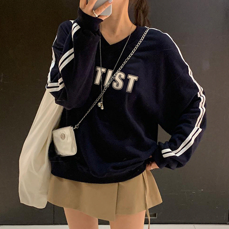 Women's Striped V-Neck Patchwork Pullover Sweater