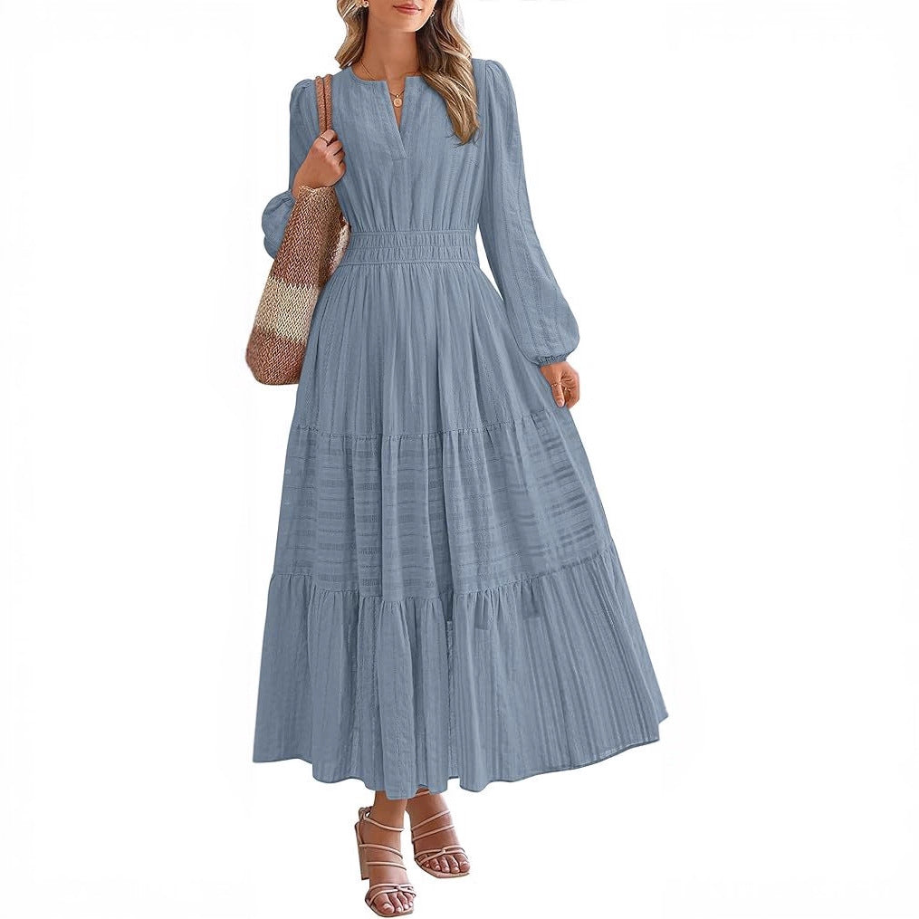 Chic V-Neck Ruched Tiered Long Sleeve Dress