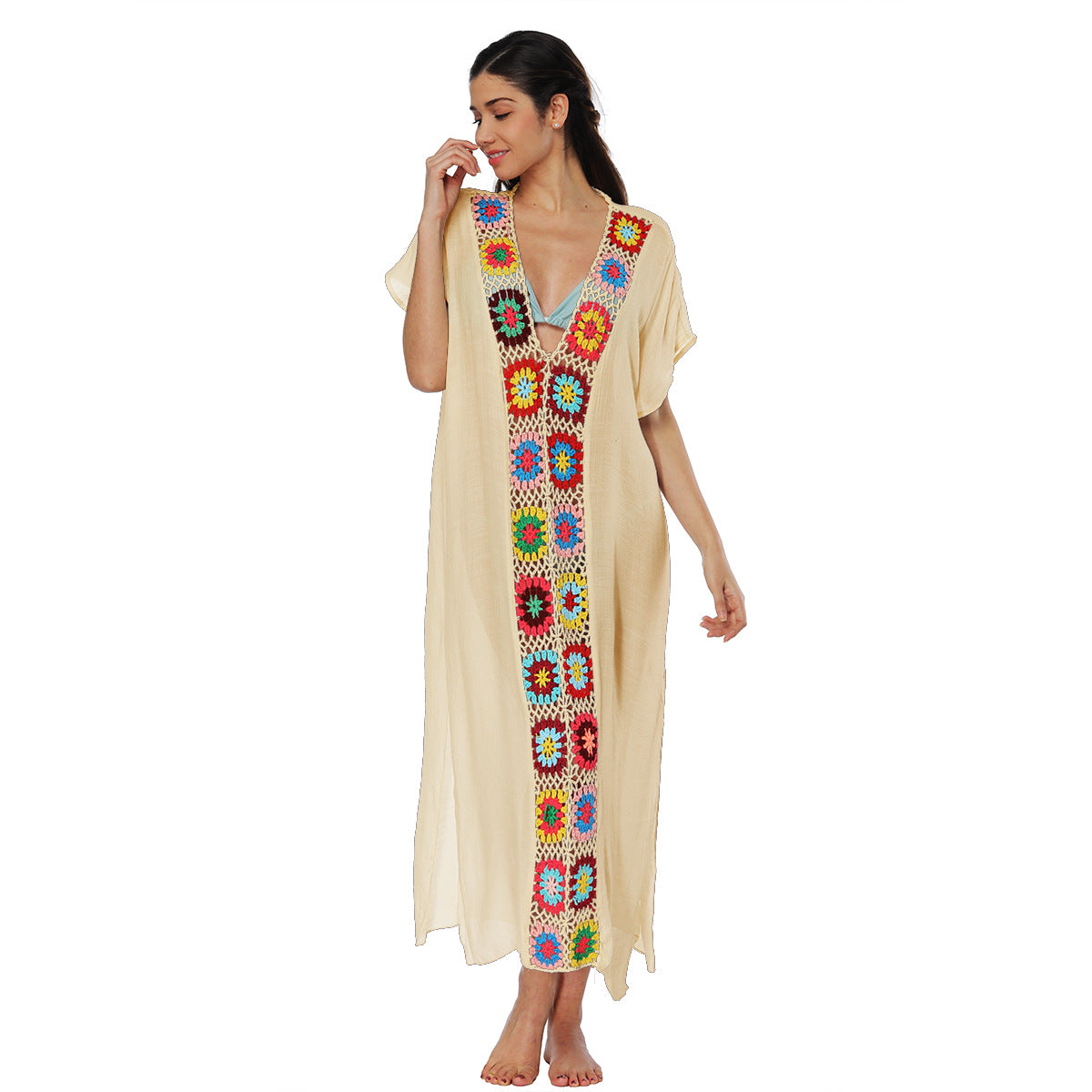 Hand-Knitted Patchwork Slit Maxi Dress