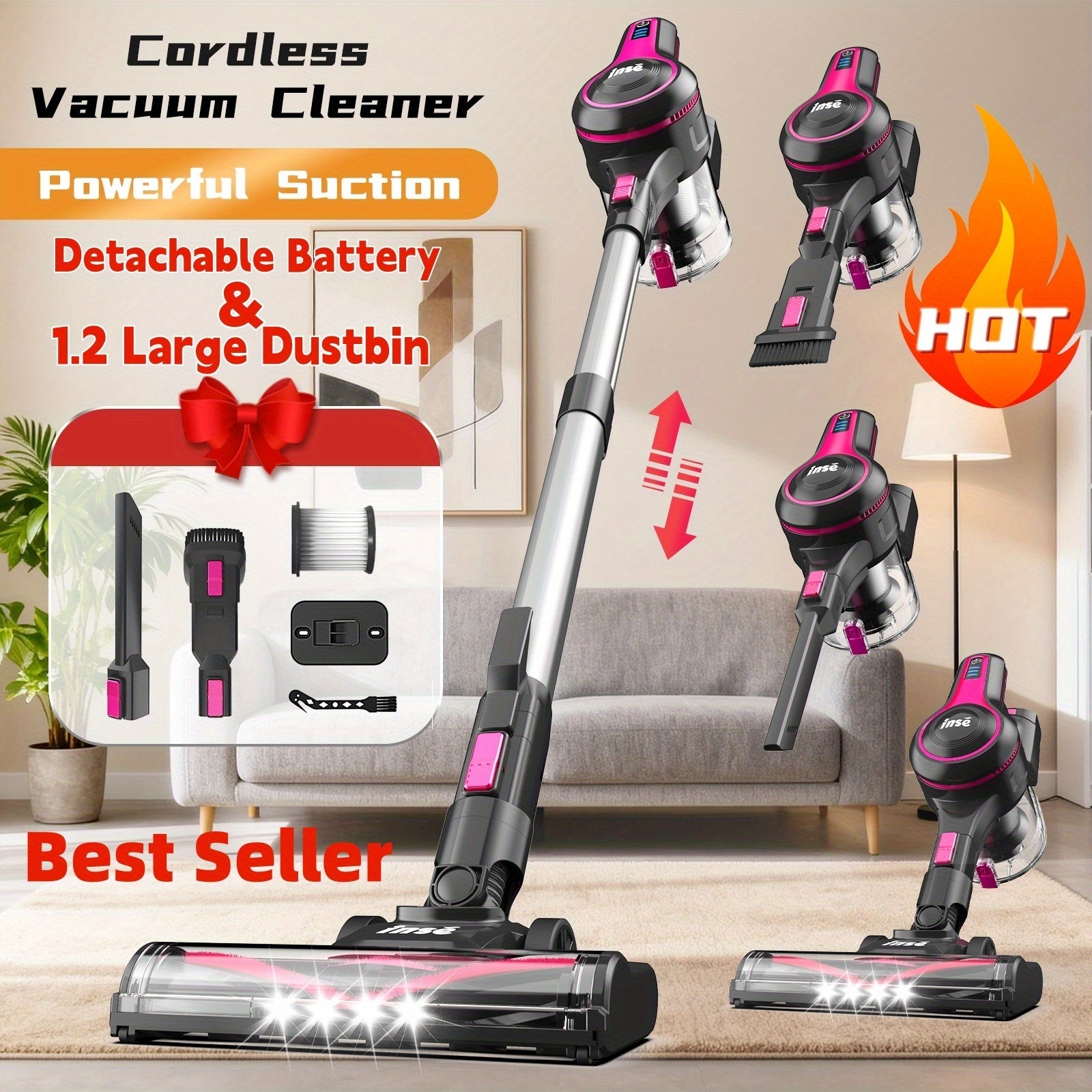 INSE Vacuum Cleaners for Home, 46KPa, 6-in-1 Rechargeable Powerful Handheld Vacuum Cleaner/High Suction/Detachable Battery, Running Time 45 Minutes, 50.5oz Dust Cup, LED Brush, Vacuum Cleaners for...