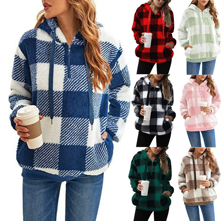 Plush Zip-Up Hooded Sweatshirt with Pockets