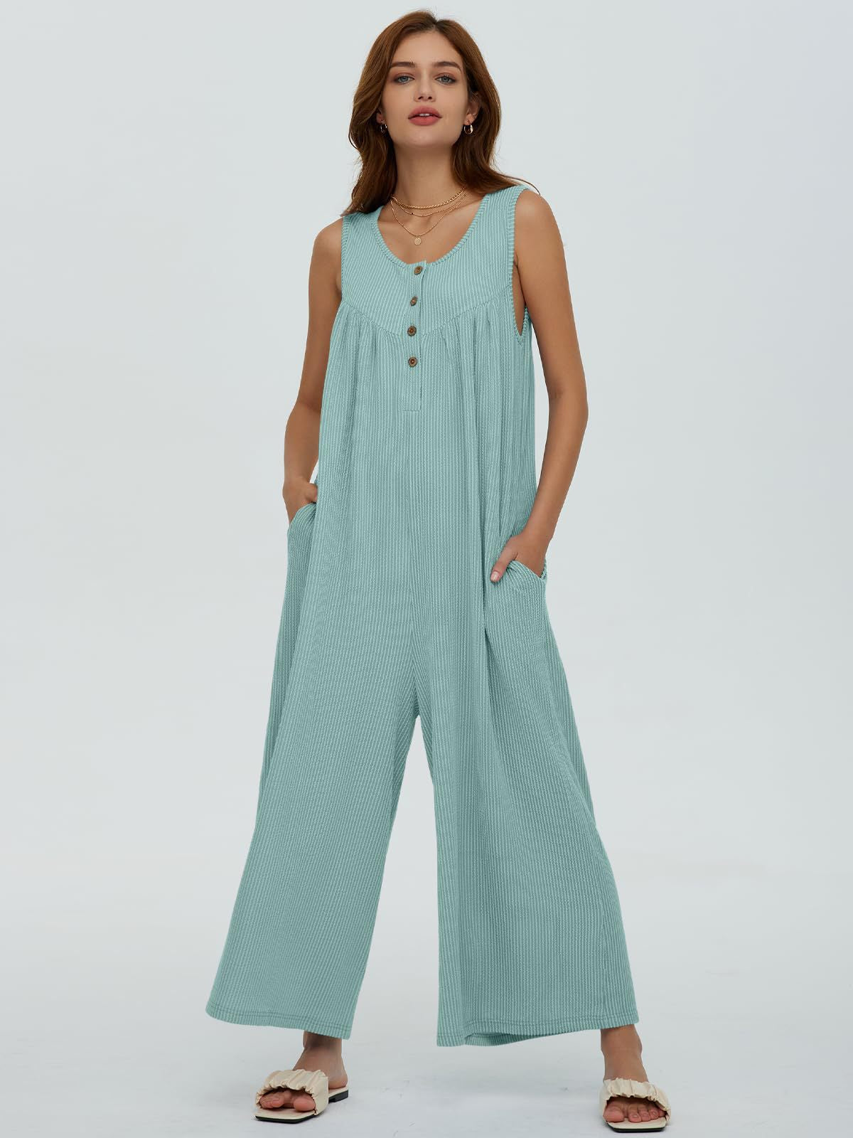 Summer European And American Style Fresh Casual Women's Pocket Jumpsuit