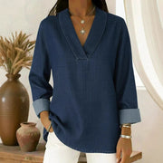 Three-quarter-sleeve Vintage Polo-collar Long-sleeve Shirt