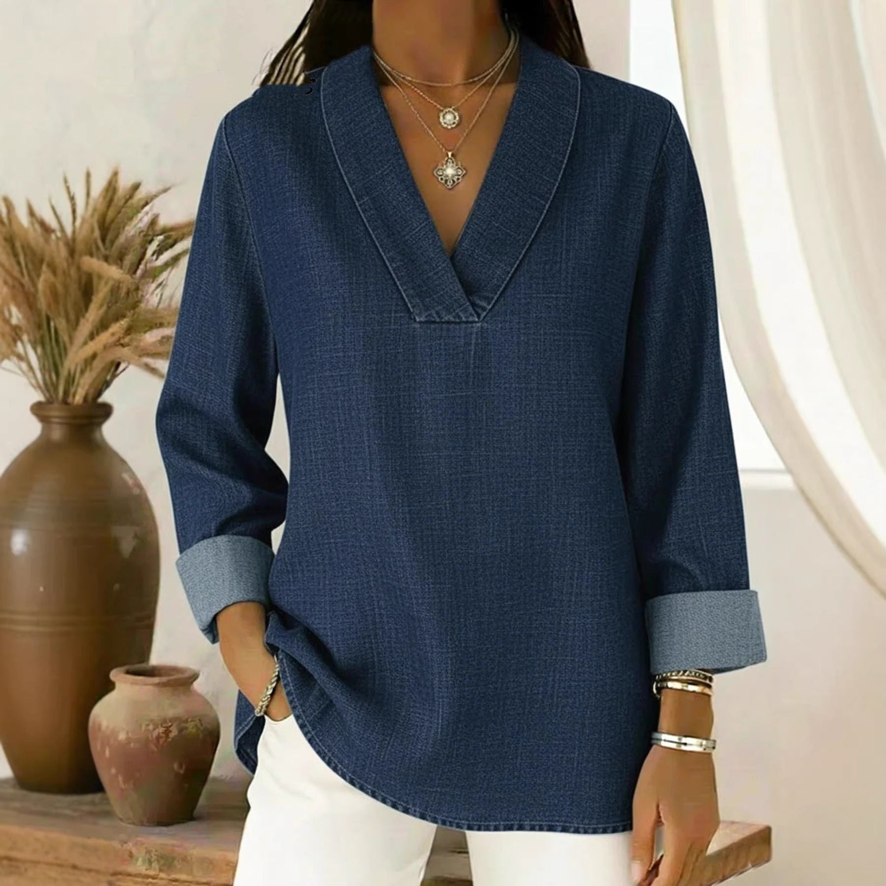 Three-quarter-sleeve Vintage Polo-collar Long-sleeve Shirt