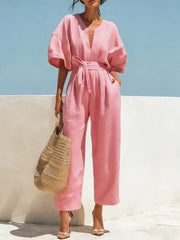 Women's Cotton Linen V-Neck Wide-Leg Jumpsuit