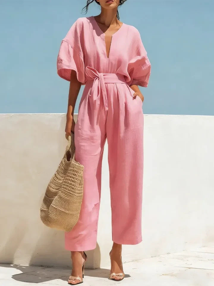 Women's Cotton Linen V-Neck Wide-Leg Jumpsuit